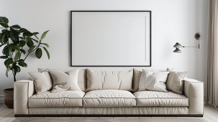 Fototapeta premium interior design of modern living room with beige fabric sofa and cushions. White wall with frame and space for text, living, furniture