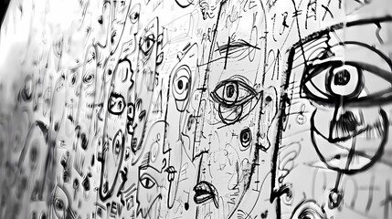 Abstract black and white image of a human face drawn on the glass, Generative AI illustrations.
