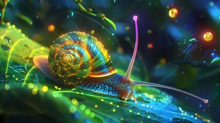 3d rendering of a snail on a green leaf with colorful lights, Generative AI illustrations.