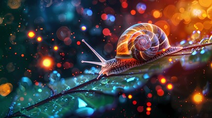 Snail crawling on a green leaf, 3d illustration with bokeh effect, Generative AI illustrations.