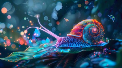 3d illustration of a snail on a leaf with colorful bokeh background, Generative AI illustrations.