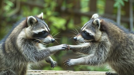 two raccoons having a friendly handshake
