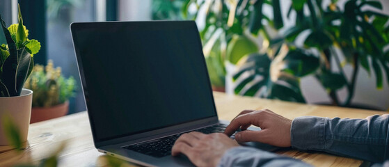 Business person working online or learning using laptop mock up blank white empty screen, hands typing on computer background close up view. Mockup display for ads. Close up view.