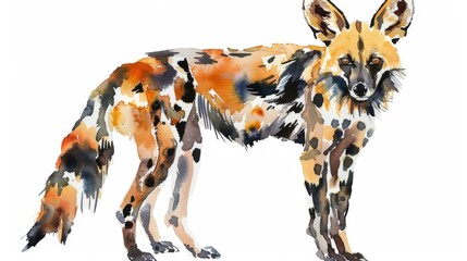 Intricate watercolor painting capturing the exploring gaze of an African wild dog with vibrant...