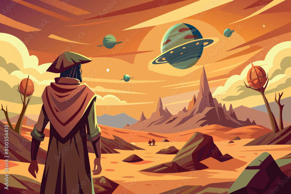 Wall mural a man stands in a desert with a large planet in the background