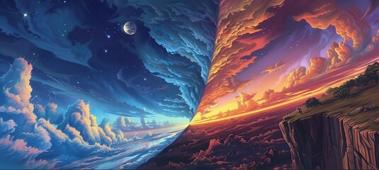 A depiction of a world where day and night exist simultaneously, interlaced in the sky