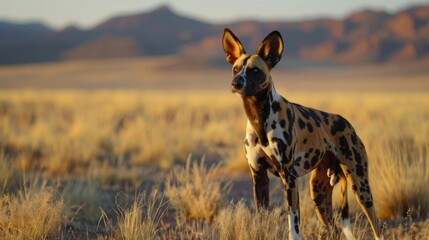 An African wild dog captured in a warm sunset light, adding depth to the savannah landscape
