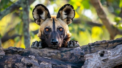 Close encounter with an African wild dog peering through tree branches with captivating eyes