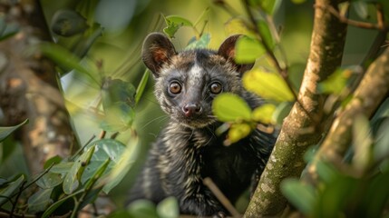 With wide, watchful eyes, the Palm Civet peeks out from the lushness of an abundant leafy environment