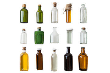 Various bottle shapes and sizes are isolated on a transparent background