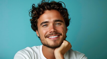 A Young caucasian man isolated on blue background smiling happy and confident, touching chin with hand - Powered by Adobe