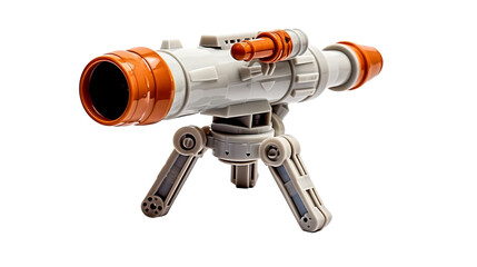 Orange and white toy telescope on tripod on transparent background