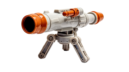 Orange and white toy telescope on tripod on transparent background