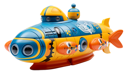 A whimsical yellow and blue toy submarine, shaped like a fish, exploring the depths of a childs imagination on transparent background