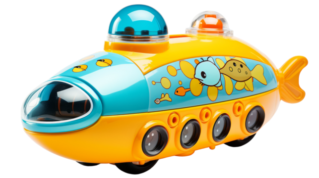 A whimsical yellow and blue toy boat with a playful fish exploring the imaginary seas on transparent background