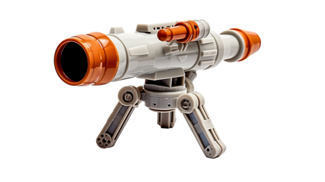 Orange and white toy telescope on tripod on transparent background