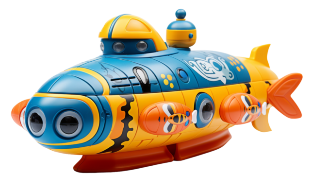 A whimsical yellow and blue toy submarine, shaped like a fish, exploring the depths of a childs imagination on transparent background