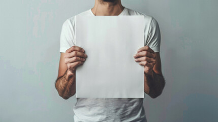 Person holding blank white empty paper in hands standing on background, mock up. Man or woman...