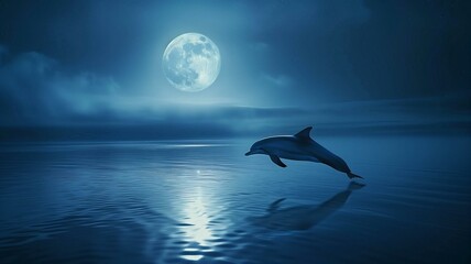 Bathed in the soft glow of moonlight, a solitary dolphin leaps gracefully through the still waters of a moonlit bay.Ideal for adding text.

