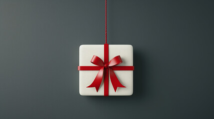 A sophisticated textured gift with a tight red ribbon knot centralizing on a grey background
