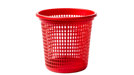 A vibrant red plastic trash can stands out against a crisp white background on transparent background