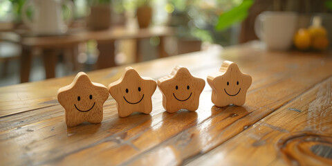 A row of wooden stars with cute faces drawn on them