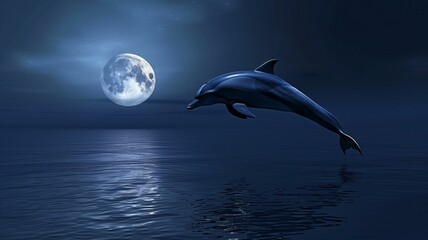 Fototapeta premium Bathed in the soft glow of moonlight, a solitary dolphin leaps gracefully through the still waters of a moonlit bay.Ideal for adding text.