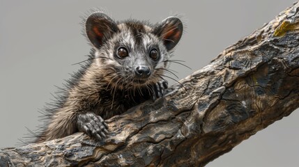 High-resolution photograph of a wild civet with sharp claws tightly gripping a textured tree trunk
