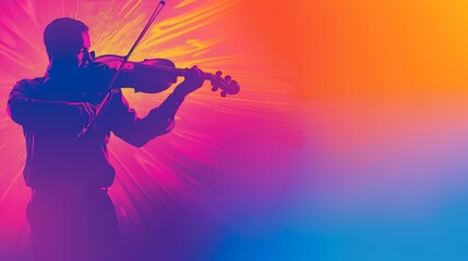 Fototapeta premium A person silhouetted, playing a violin against a multicolored backdrop with a sunburst