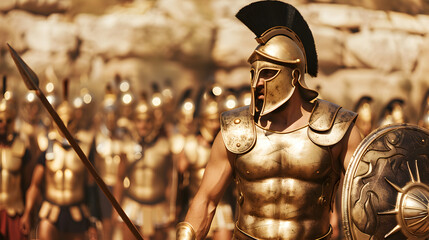 An ancient Greek hoplite, adorned in bronze armor and wielding a spear, standing defiantly against a Persian army. Epic shot.


