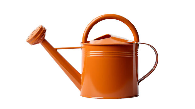 A bright orange watering can with a plastic handle resting on a table on transparent background