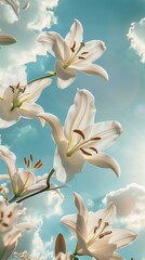 white lilies pattern flying against sunny sky