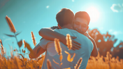 Best friends meeting, happy to see each other, man's hug. Concept of male friendship, bromance