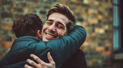 Best friends meeting, happy to see each other, man's hug. Concept of male friendship, bromance