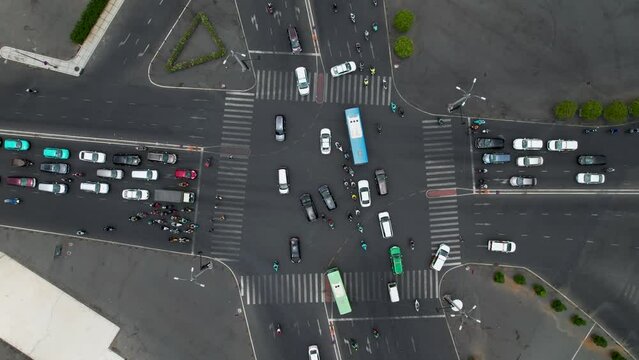 top down view of traffic at an intersection at Ho Chi Minh, Saigon city in Vietnam, busy street