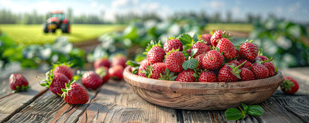 Close-up auf frisch geernteten Erdbeeren auf einem Tisch. Feld und Traktor im Hintergrund....