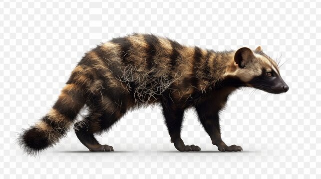 Realistic rendition of a marbled polecat walking, with attention to its musculature and fur texture, isolated on white
