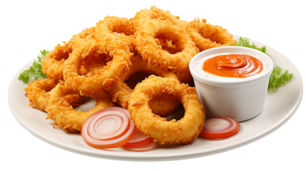Delicious onion rings with a side of dipping sauce on a plate on transparent background