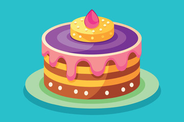 A cake with pink frosting and a purple drizzle on top