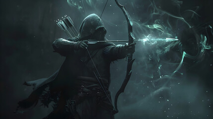 A fantasy ranger, cloaked in shadows, drawing a bow with magical arrows that glow with ethereal light. Epic shot.


