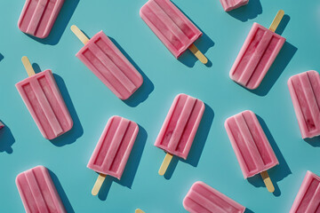 Glistening pink popsicles on vibrant blue background with ice cream copy space in corner