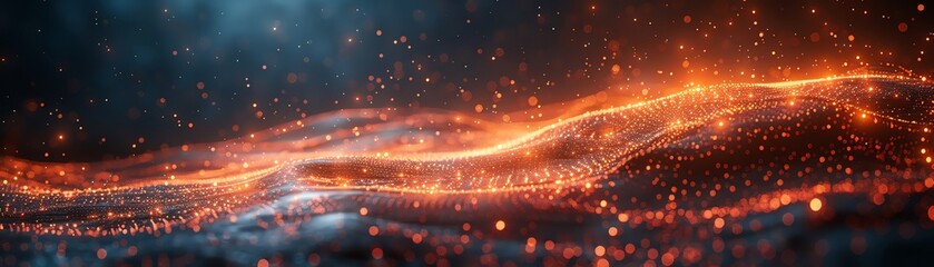 Create a seamless looping animation of a glowing orange river flowing over rocks with mist rising from the surface and fireflies dancing above