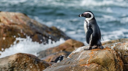 Obraz premium An African Penguin stands alone on a rocky shore against a backdrop of rolling waves, emphasizing its solitary existence