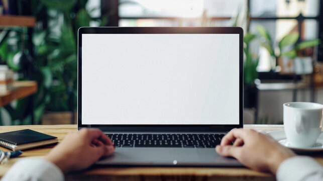 Business person working online or learning using laptop mock up blank white empty screen, hands typing on computer background close up view. Mockup display for ads. Close up view.