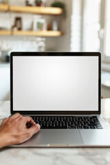 Fototapeta premium Business person working online or learning using laptop mock up blank white empty screen, hands typing on computer background close up view. Mockup display for ads. Close up view.