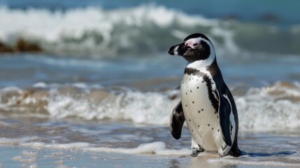 Obraz premium Majestic penguin stands by the seashore as the waves crash behind, highlighting its natural habitat
