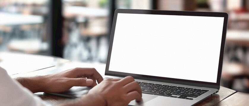 Business person working online or learning using laptop mock up blank white empty screen, hands typing on computer background close up view. Mockup display for ads. Close up view.