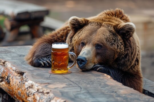 Brown bear sitting at table with beer mug, carnivore
