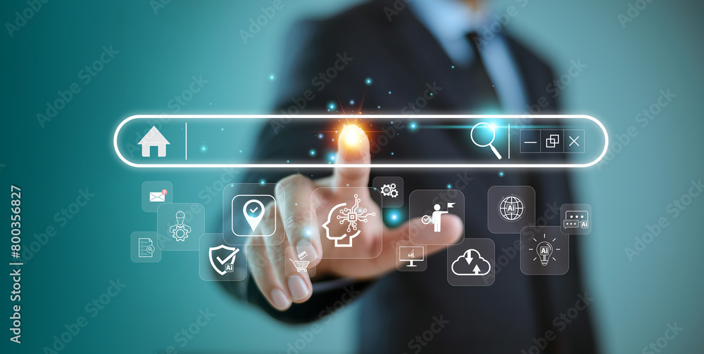 Poster businessman touch magnifier search with ai assistant. search job on virtual screen digital data sear
