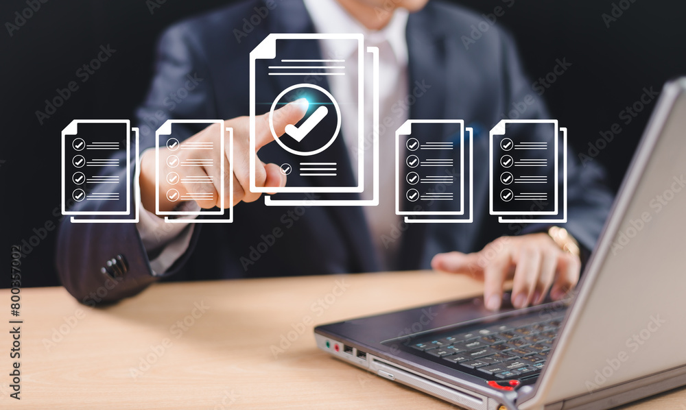 Poster document audit inspection, business asset analysis concept. man inspects data, file check checklist 